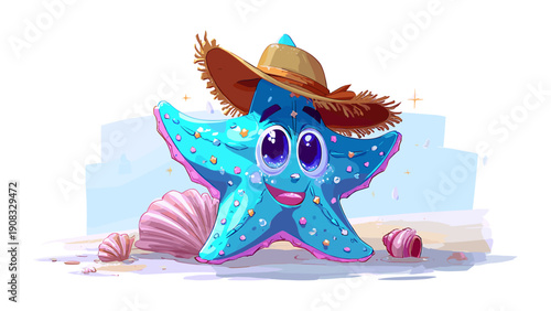 Cute blue starfish character wearing a straw hat on the beach