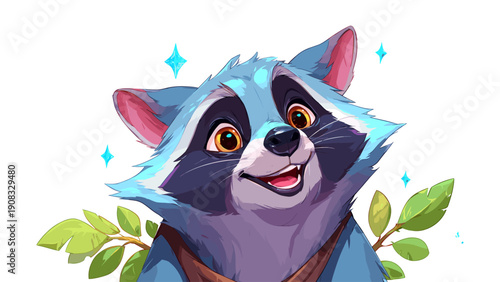 Adorable raccoon character portrait with bright eyes and leaves