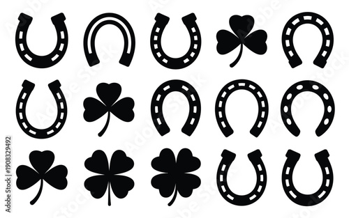 Black silhouettes of horseshoes and clover leaves on white background lucky charm symbols