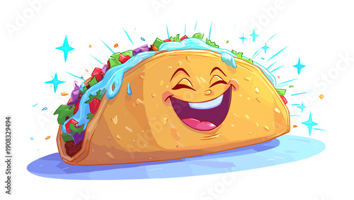 Happy laughing cartoon taco character with meat and vegetables filling, Mexican food mascot illustration