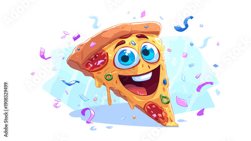 Exciting cartoon pizza slice character celebrating with confetti