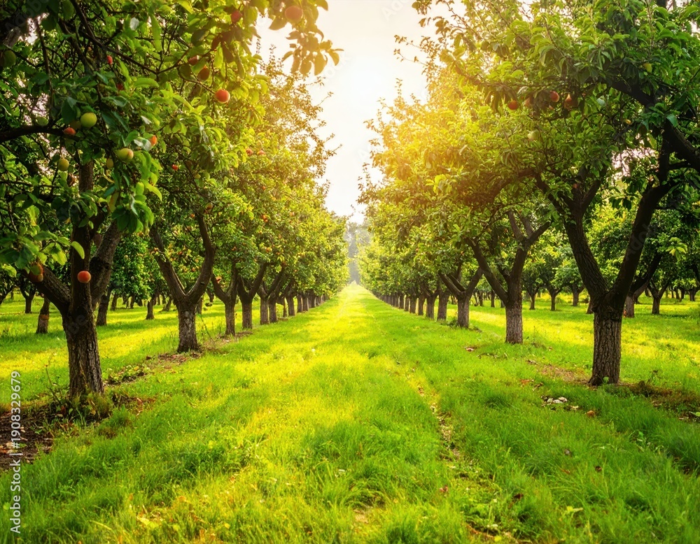 Fototapeta premium Serene Apple Orchard Pathway Surrounded by Lush Green Trees