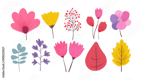 Assorted botanical set of colorful leaves and blooming flowers