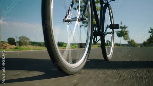 Wallpaper Mural Close-up of a bicycle wheel spinning on a paved road on a sunny day, with green trees and blue sky in the background. Torontodigital.ca