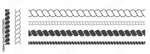 Set of Outline and silhouette Rope patterns. Design element for nautical ornament borders. Sea ropes seamless print. Vector