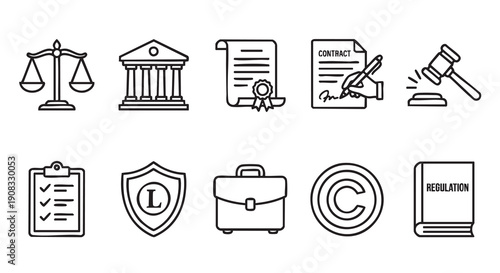 Collection of black line art icons representing various legal business justice and regulation concepts
