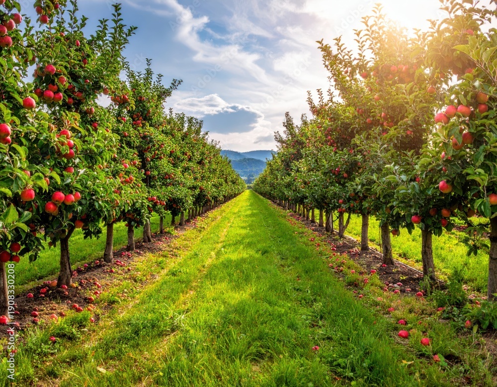 Fototapeta premium Lush Apple Orchard with Ripening Fruit Under Bright Blue Sky
