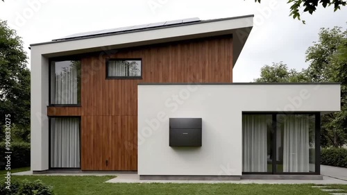 Modern house with white and wood panel exterior, large windows, and a flat roof, set against a cloudy sky and surrounded by trees.