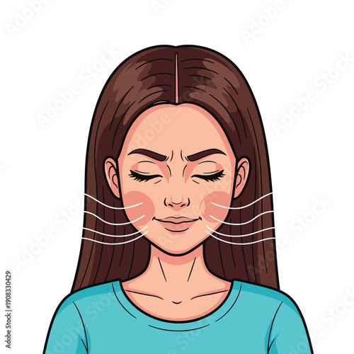 Cartoon Vector of Woman Puffing Cheeks. Facial Exercise for Anti-Aging. Isolated illustration of breathwork or face yoga technique for wellness.