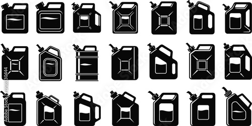 Plastic Jerrycan Container Silhouette Vector Set of Fuel and Oil Canisters Isolated on White Background for Industrial Packaging Design