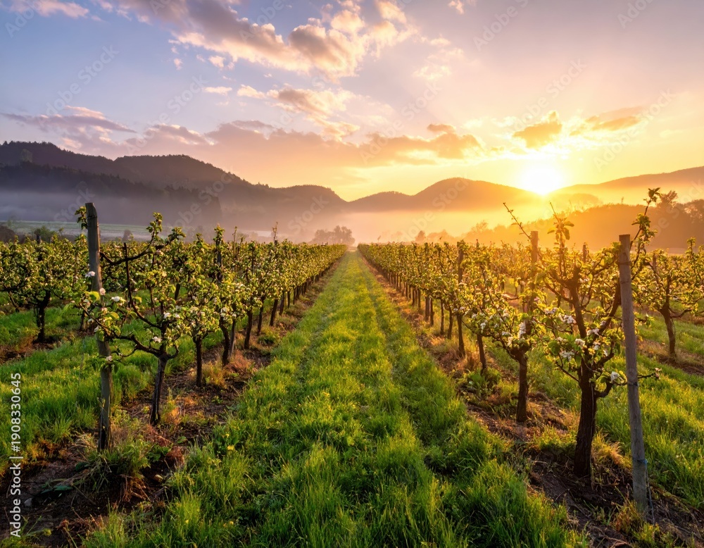 Fototapeta premium Scenic Sunrise Over Vineyard Rows With Green Grapevines and Mountains