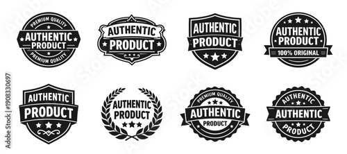 Authentic product badge in black. Vintage style label with stars and premium quality emphasis