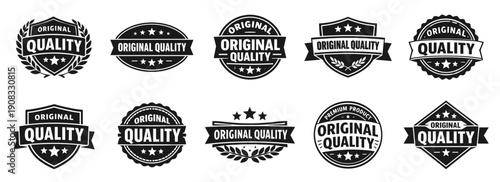 Original quality badge collection in black. Set of authenticity labels with stars laurels and brand emphasis
