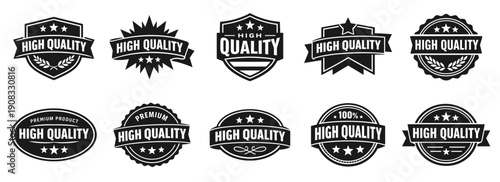 High quality badges icon collection in black. Features quality assurance symbols, stars, and classic badge shapes. Designed for product presentation and marketing