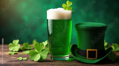 Glass of green foamy beer with leprechaun hat. Green clover decoration. Symbols of St. Patrick's Day. 

