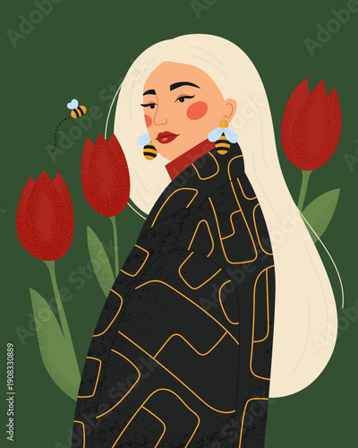 Flat illustration of a fashionable young woman with long blonde hair and light skin, wearing a black patterned coat and bee shaped earrings, standing among red tulips on a green background.