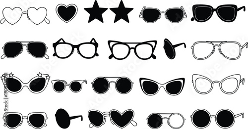 Stylish sunglasses silhouette vector set with heart star cat eye and round frames isolated on white background for fashion and summer designs