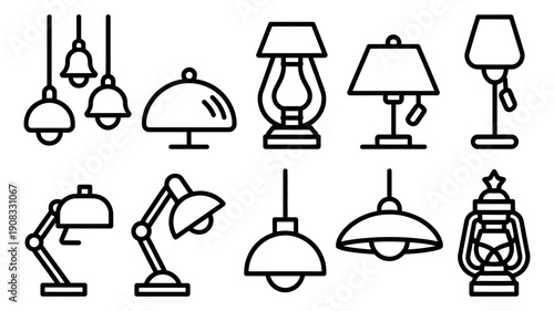 A detailed collection of diverse household lighting fixtures depicted as black outline icons.
