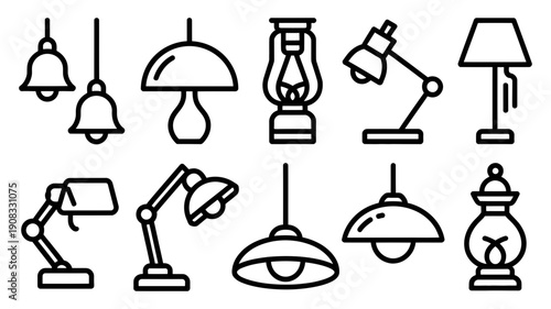 A clear assortment of line art icons showcasing different types of lamps and lighting solutions.