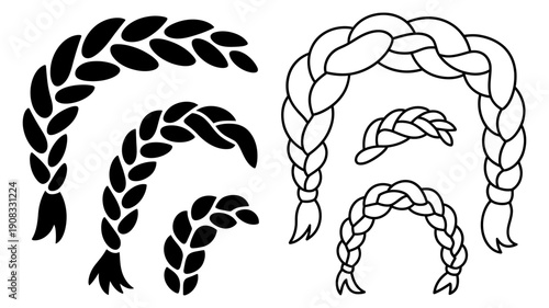 Various intricate braided hair elements displayed as solid black and outline vector illustrations.