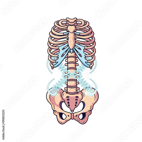 Human Skeleton Torso with Spine Energy Waves. Chiropractic Adjustment and Healing Concept Vector Illustration.