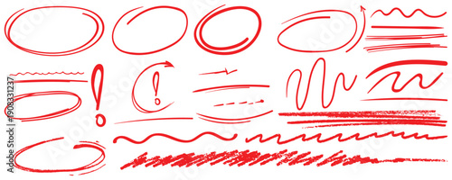 Red Brush Stroke Underline Set with Marker Highlights and Hand Drawn Swoosh Accents Vector Illustration. Scribble and Doodle Underline Elements with Crayon, Chalk and Pencil Texture.