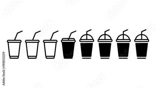 A diverse collection of outline and solid black drink cups with straws and different lid designs.