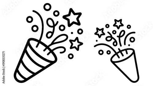 Dynamic outline icons of party poppers exploding with festive confetti and decorative stars.
