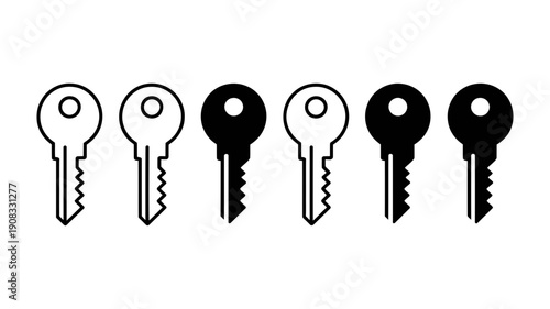 A versatile set of key icons, featuring both outline and solid black designs for various uses.