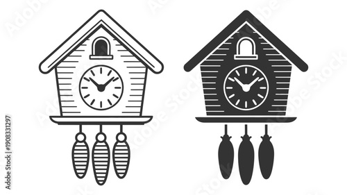A pair of vintage cuckoo clock icons, one in outline style and one filled, depicting classic timekeeping.
