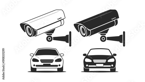 Black and white icons illustrating security cameras monitoring vehicles for surveillance and safety purposes.