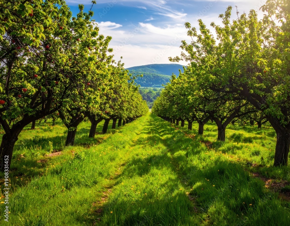 Fototapeta premium Lush Orchard Grove Under Bright Blue Sky with Green Grass