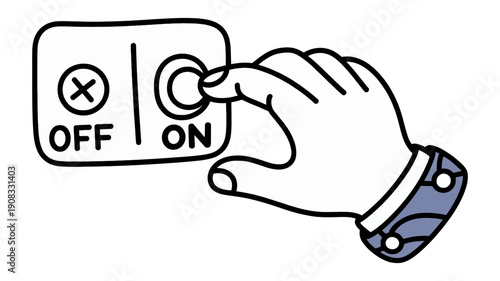 A human hand with a blue cuff is pushing the 'ON' button on a simple rectangular switch with an 'OFF' option.