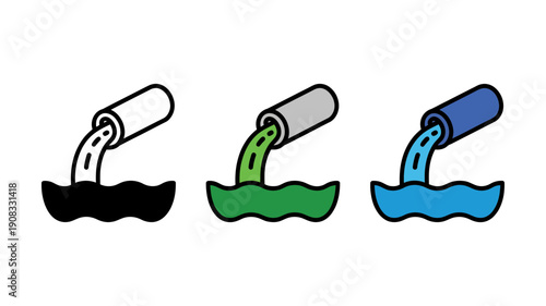 Three cartoon pipes discharging different colored liquids into water, symbolizing industrial pollution and waste.
