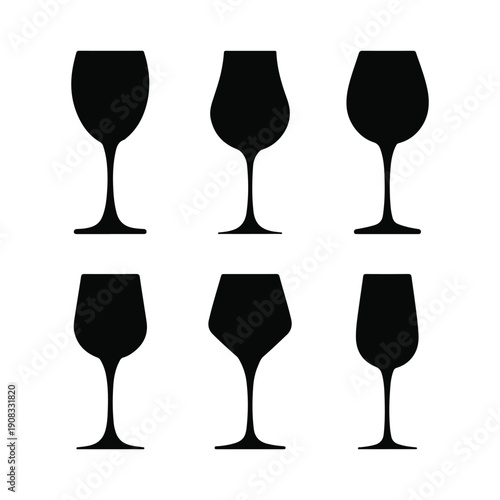 Set of black wine glass silhouettes in various shapes isolated on a white background.