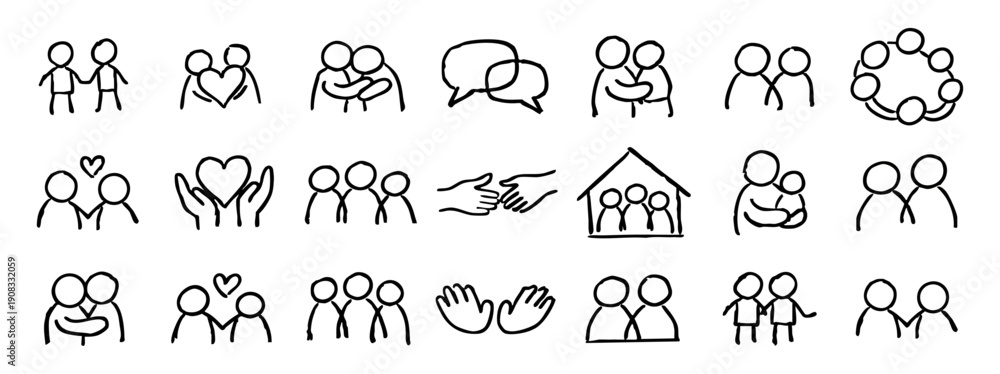 Naklejka premium Collection of simple hand-drawn icons for family, love, and community, featuring people, hearts, and hands in a black doodle sketch style.