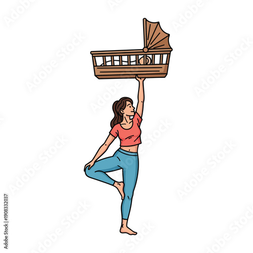 Mom Balance Illustration: Strong Woman Lifting Baby Crib in Yoga Pose, Representing Motherhood Strength and Family Support.