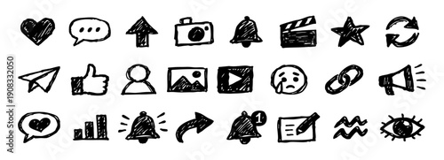 Collection of 24 hand-drawn social media and interface icons in a sketchy black ink doodle style, including heart, bell, and profile symbols.