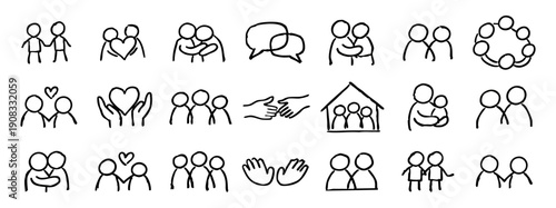 Collection of simple hand-drawn icons for family, love, and community, featuring people, hearts, and hands in a black doodle sketch style.