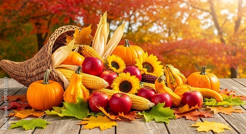 Autumn Harvest Cornucopia with Fruits and Vegetables.