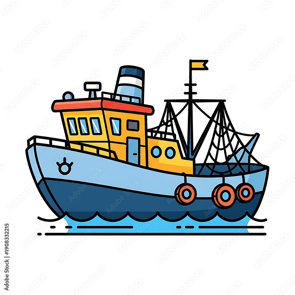 Obraz premium Colorful Cartoon Fishing Boat on Water.