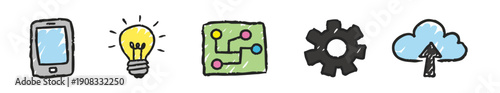 Hand-drawn digital technology icons featuring a smartphone, light bulb, circuit board, gear, and cloud upload symbol in a creative doodle style.