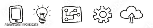 Set of hand-drawn technology icons including smartphone, light bulb, circuit board, gear, and cloud upload in a minimalist doodle style.