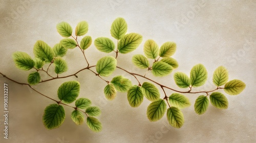 Delicate Branch with Variegated Green Leaves on Textured Background.