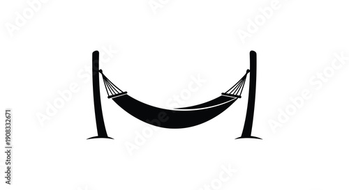 A simple black and white illustration depicts a classic hammock suspended between two wooden posts suggesting relaxation