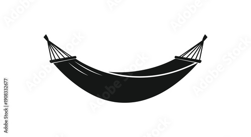 A simple black and white illustration depicts a curved empty hammock suspended between two points high quality professional