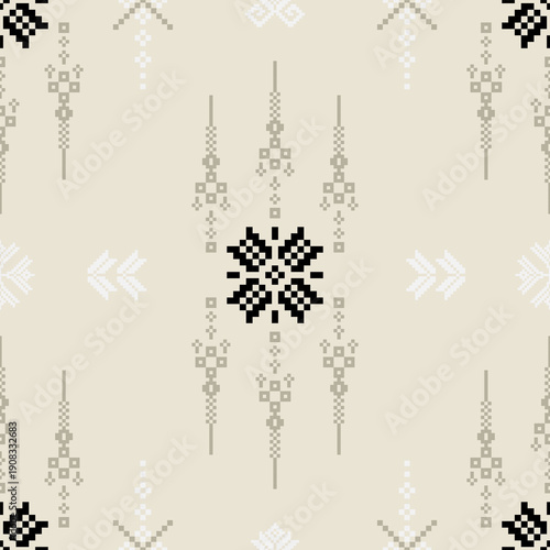 Seamless Tribal Ethnic Geometric Pattern with Pixel Motifs in Neutral Beige and Black Tones. perfect for fabric prints, wallpapers, fashion textiles, interior decor, packaging, stationery.
