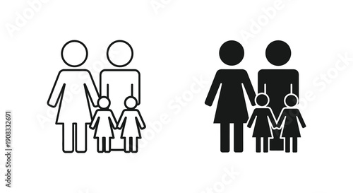 A simple illustration depicts two family icons one outlined in white and another filled in black showing a mother father and two children
