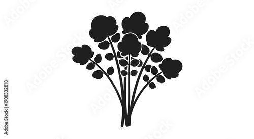 A minimalist black and white illustration depicts a cluster of rounded leaves and stems resembling a plant high quality professional