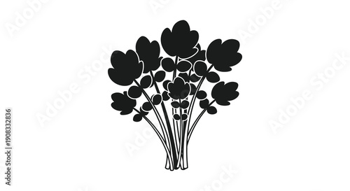 A minimalist black and white illustration depicts a cluster of stylized leaves with slender stems high quality professional detailed modern